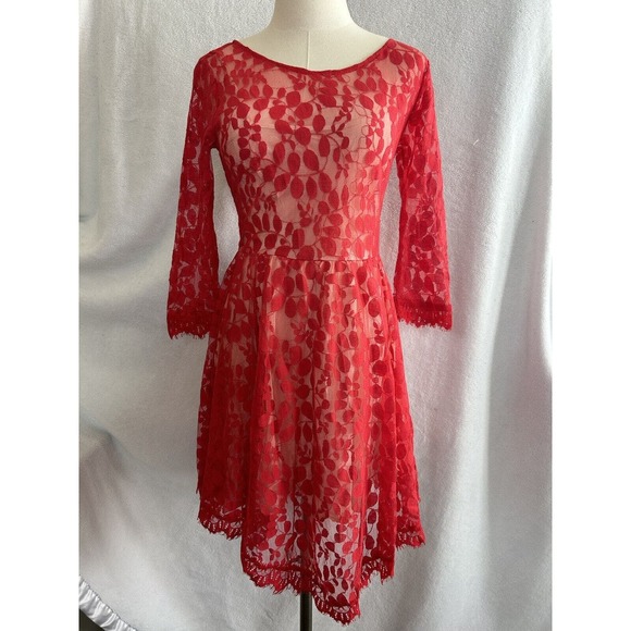 Free People Dress Womens sz. 0 Red Floral Lace Fit Flare 3/4 Sleeve Stretch Boho - Picture 2 of 8